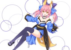 Rule 34 | 10s, 1girl, animal ears, bare shoulders, binsen, bow, breasts, cleavage, detached sleeves, fate/extra, fate (series), fox ears, fox tail, hair bow, hair ribbon, highres, japanese clothes, pink hair, ribbon, smile, solo, tail, tamamo no mae (fate/extra), thighhighs, twintails, yellow eyes