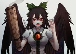 Rule 34 | 1girl, anies kouhai, arm cannon, bad id, bad pixiv id, bird wings, black hair, black wings, blouse, bow, breasts, buttons, cape, collared shirt, commentary, commission, control rod, fang, green bow, gun, hair between eyes, hair bow, highres, large breasts, long hair, looking at viewer, open mouth, puffy short sleeves, puffy sleeves, red eyes, reiuji utsuho, shirt, short sleeves, simple background, smoke, smoking barrel, solo, starry sky print, third eye, touhou, upper body, weapon, white background, white cape, white shirt, wings
