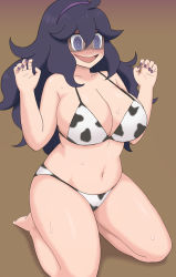 Rule 34 | 1girl, @ @, ahoge, alternate breast size, animal print, bad id, bad pixiv id, bikini, blush, breasts, brown background, cleavage, commentary request, cow print, creatures (company), game freak, gradient background, hair between eyes, hairband, hex maniac (pokemon), highres, kneeling, large breasts, long hair, messy hair, midriff, nail polish, navel, nintendo, open mouth, pokemon, pokemon xy, print bikini, purple eyes, purple hair, purple hairband, purple nails, solo, sweat, swimsuit, very long hair, yatani (do9z)