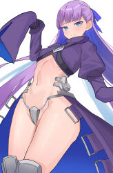 Rule 34 | 1girl, absurdres, amepa (ame pinecandy), blue eyes, blue ribbon, closed mouth, colored inner hair, crotch plate, fate/extra, fate/extra ccc, fate (series), flat chest, hair ribbon, highres, long hair, long sleeves, looking at viewer, meltryllis (fate), multicolored hair, navel, puffy long sleeves, puffy sleeves, purple hair, ribbon, simple background, sleeves past fingers, sleeves past wrists, solo, standing, stomach, two-tone hair, white background