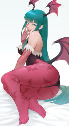 Rule 34 | 1girl, animal print, aqua hair, ass, bare shoulders, bat print, cheshirrr, commentary, demon girl, demon wings, elbow gloves, feet, fingerless gloves, full body, gloves, green eyes, head wings, highres, long hair, looking at viewer, mole, mole under eye, morrigan aensland, open mouth, pantyhose, pink gloves, pink pantyhose, print pantyhose, sidelocks, simple background, smile, solo, symbol-only commentary, teeth, toes, tongue, tongue out, vampire (game), very long hair, wings