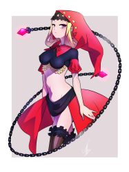 Rule 34 | 1girl, absurdres, blonde hair, chain, frilled garter, highres, hood, midriff, navel, odin sphere, puff and slash sleeves, puffy sleeves, purple eyes, red hood, showgirl skirt, solo, striped clothes, striped legwear, striped thighhighs, thighhighs, velvet (odin sphere), vertical-striped clothes, vertical-striped legwear, vertical-striped thighhighs, yasu (pixiv)