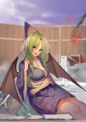 Rule 34 | 1girl, alternate costume, bat wings, blue hat, blue kimono, blue sky, blurry, blurry background, blush, branch, breasts, collarbone, comb, commentary request, demon wings, feet out of frame, hat, highres, holding, holding comb, japanese clothes, kimono, knees, kuroko tori, large breasts, long hair, long sleeves, looking at viewer, mima (touhou), obi, onsen, open mouth, parted bangs, sash, sidelocks, sitting, sky, solo, touhou, touhou (pc-98), very long hair, water, wide sleeves, wings, witch hat