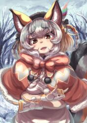 Rule 34 | 1girl, animal ears, cape, dress, extra ears, fox ears, fox girl, fox tail, gloves, grey hair, hat, hat feather, highres, island fox (kemono friends), kemono friends, kemono friends v project, long hair, looking at viewer, multicolored hair, okyao, open mouth, orange hair, snow, solo, tail, two-tone hair, virtual youtuber, yellow eyes