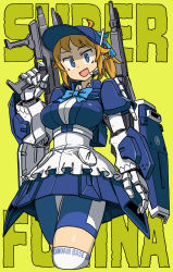 Rule 34 | 1girl, armor, armored dress, bike shorts, blue bow, blue bowtie, blue hat, blue ribbon, bow, bowtie, breasts, character name, clothes writing, commentary, cropped legs, dress, english commentary, gundam, gundam build fighters, hair ribbon, hat, headset, highres, holding, holding weapon, large breasts, looking at viewer, mecha musume, mizuno (okn66), open mouth, orange hair, ribbon, simple background, solo, super fumina, weapon, yellow background