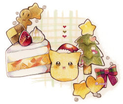 Rule 34 | artist name, blob (google), bow, cake, cake slice, cat, christmas tree, commentary request, cookie, food, fruit, hat, heart, highres, original, ovoip, red bow, santa hat, signature, star (symbol), strawberry, traditional media