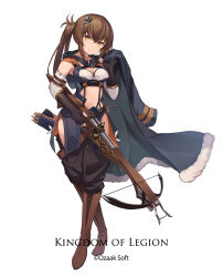 Rule 34 | 1girl, arrow (projectile), boots, breasts, brown eyes, brown hair, copyright name, eruthika, fingerless gloves, gloves, highres, holding, holding clothes, holding weapon, kingdom of legion, long hair, looking at viewer, medium breasts, midriff, navel, side ponytail, simple background, smile, solo, weapon, white background