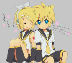 Rule 34 | 1boy, 1girl, back-to-back, bad id, bad pixiv id, blonde hair, blue eyes, brother and sister, closed eyes, detached sleeves, hair ornament, hair ribbon, hairclip, headphones, kagamine len, kagamine rin, midriff, necktie, ribbon, short hair, siblings, sitting, sleeping, tooi, twins, vocaloid, yellow necktie
