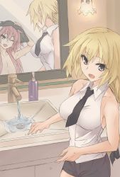 Rule 34 | 1boy, 1girl, astolfo (fate), bad id, bad pixiv id, blonde hair, casual, fate/apocrypha, fate (series), highres, jeanne d&#039;arc (fate), jeanne d&#039;arc (girl from orleans) (fate), jeanne d&#039;arc (ruler) (fate), long hair, mirror, necktie, open mouth, pink hair, polaris55740, reflection, shorts, sink, smile, trap, wet