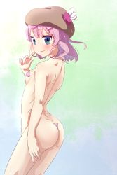 Rule 34 | 1girl, absurdres, ass, blue eyes, blush, breasts, chiyoda momo, closed mouth, female focus, finger to face, hair ornament, hairclip, hat, highres, looking at viewer, looking back, machikado mazoku, oekakiism, pasties, pink hair, pink pasties, short hair, simple background, small breasts, smile, solo, standing
