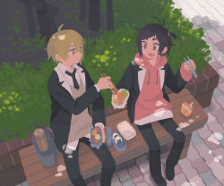 Rule 34 | 1boy, 1girl, ahoge, bench, bento, black footwear, black hair, black necktie, black pants, black suit, blonde hair, brown vest, bush, chopsticks, closed mouth, collared shirt, commission, day, fang, food, formal, from above, hair tie, hands up, holding, holding chopsticks, holding food, hood, hoodie, juice box, long sleeves, muji (uimss), necktie, one side up, onigiri, open mouth, original, outdoors, pants, park, park bench, pavement, pink hoodie, red eyes, rice, sharing food, shirt, short hair, sitting, skeb commission, suit, vest, white shirt