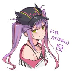 Rule 34 | 1girl, artist name, baseball cap, black camisole, black choker, black hat, blush, camisole, choker, closed mouth, commentary, congratulations, ear piercing, fake horns, green eyes, hair ornament, hairclip, hat, hololive, horned headwear, horns, jacket, kakage, long hair, looking at viewer, multicolored hair, o-ring, o-ring choker, off-shoulder jacket, off shoulder, piercing, pink hair, purple hair, signature, simple background, smile, solo, streaked hair, tokoyami towa, twintails, two-tone hair, upper body, virtual youtuber, white background, white jacket