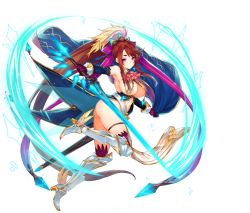 Rule 34 | 1girl, absurdly long hair, armor, ass, awakening (sennen sensou aigis), bare shoulders, belt, breasts, brown hair, cape, cleavage, clothing cutout, elbow gloves, feathers, feet, fighting stance, floating hair, full body, gem, gloves, greaves, holding, holding cape, holding clothes, holding weapon, inayama, ingrid (sennen sensou aigis), large breasts, legs, long hair, looking at viewer, magic, multicolored hair, navel, navel cutout, no bra, no panties, official art, pink eyes, ponytail, purple eyes, sash, sennen sensou aigis, serious, sheath, solo, sword, thighhighs, thighs, transparent background, very long hair, weapon, white background