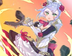 Rule 34 | 1girl, armor, ascot, belt, blush, boobplate, breastplate, breasts, cleavage, cleavage cutout, clothing cutout, combat maid, cowboy shot, debris, dot nose, dress, flower, genshin impact, greatsword, green eyes, hair flower, hair ornament, highres, holding, holding sword, holding weapon, huge weapon, large breasts, looking at viewer, noelle (genshin impact), orange background, purple hair, red ascot, red flower, red rose, rose, short hair, solo, standing, sword, weapon, white dress, yun-yang