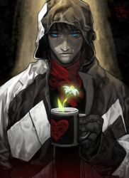 Rule 34 | 1boy, black gloves, black hair, black jacket, blue eyes, closed mouth, cup, dated, facial hair, gloves, heart, highres, holding, holding cup, hood, hood up, jacket, long sleeves, looking at viewer, male focus, original, pigeon666, red scarf, scarf, signature, solo, spot color, stubble