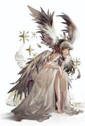 Rule 34 | 1girl, angel wings, animal ears, arknights, backlighting, bare legs, bare shoulders, barefoot, bracelet, chinese commentary, commentary request, dress, feathered wings, feathers, finn zoey, fox ears, fox girl, frostleaf (arknights), grey hair, hand on own knee, headphones, highres, infection monitor (arknights), jewelry, leaning forward, light particles, long hair, looking at viewer, material growth, oripathy lesion (arknights), red eyes, red lips, red nails, ring, simple background, sitting, solo, star (symbol), stool, tiptoes, white background, white dress, wings