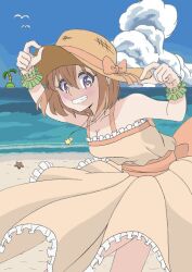 Rule 34 | 1girl, bare shoulders, beach, bird, bow, breasts, cleavage, clothes lift, cloud, collarbone, day, dot nose, dress, dress lift, female focus, hat, island, jewelry, koisuru asteroid, konohata mira, looking at viewer, medium hair, multicolored eyes, necklace, ocean, open mouth, orange hair, outdoors, palm tree, qb (qb46311027), seagull, sky, small breasts, solo, star (symbol), starfish, teeth, tree, water