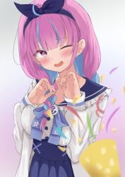 Rule 34 | 1girl, absurdres, anchor symbol, blue hair, blue hairband, blush, bow, colored inner hair, confetti, hairband, highres, hololive, jacket, looking at viewer, minato aqua, minato aqua (sailor), multicolored hair, official alternate costume, one eye closed, open mouth, pink hair, ponono desu, purple eyes, sailor collar, school uniform, simple background, skirt, smile, solo, twintails, two-tone hair, virtual youtuber, white jacket