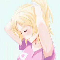 Rule 34 | 1girl, adjusting hair, armpits, arms up, ayase eli, blue eyes, blush, close-up, closed mouth, collarbone, hair ornament, hairclip, high ponytail, highres, lips, looking down, love live!, love live! school idol project, oshizu, pink shirt, portrait, scrunchie, shirt, solo, t-shirt, tying hair, white scrunchie