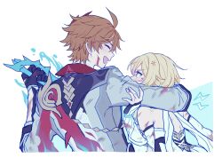 Rule 34 | 1boy, 1girl, anger vein, arm around waist, black gloves, blonde hair, blood, blood on clothes, blood on face, blush, brown hair, closed eyes, detached sleeves, from behind, genshin impact, gloves, hair between eyes, hetero, highres, holding, holding weapon, jacket, lumine (genshin impact), mask, mask on head, natsukko 0606, open mouth, red mask, red scarf, scarf, simple background, tartaglia (genshin impact), torn clothes, weapon