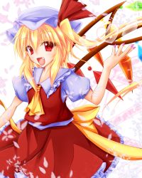 Rule 34 | 1girl, arm up, ascot, blonde hair, blouse, bow, cherry blossoms, eyelashes, fang, female focus, fingernails, flandre scarlet, frills, hat, hat ribbon, heart, highres, kei yuiba, looking at viewer, magic circle, nail polish, open hand, open mouth, puffy sleeves, red eyes, ribbon, shirt, short hair, short sleeves, side ponytail, sidelocks, skirt, solo, tongue, touhou, vest, white background, wings