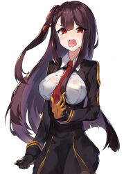 Rule 34 | 1girl, between breasts, blouse, breasts, collared shirt, cowboy shot, eyebrows, fang, ginon (sjyh3466), girls&#039; frontline, gloves, hair between eyes, highres, long hair, looking at viewer, medium breasts, necktie, necktie between breasts, pantyhose, purple hair, red eyes, red necktie, shirt, side ponytail, simple background, solo, wa2000 (girls&#039; frontline), white background, white shirt