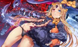 Rule 34 | 1girl, abigail williams (fate), abigail williams (second ascension) (fate), bare shoulders, black bow, black dress, black hat, black panties, blonde hair, blue eyes, blush, bow, breasts, dress, fate/grand order, fate (series), forehead, hair bow, hat, heterochromia, himuro shunsuke, hip focus, key, keyhole, long hair, long sleeves, looking at viewer, navel, orange bow, panties, parted bangs, parted lips, polka dot, polka dot bow, red eyes, ribbed dress, sleeves past fingers, sleeves past wrists, solo, split theme, stuffed animal, stuffed toy, teddy bear, tentacles, thighs, torn clothes, torn dress, underwear, witch hat