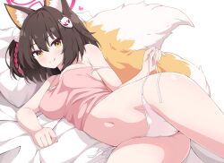 Rule 34 | 1girl, animal ear fluff, animal ears, ass, bed sheet, black hair, blue archive, blush, breasts, camisole, closed mouth, fox ears, fox tail, hair between eyes, halo, hayana neru, heart, highres, izuna (blue archive), looking at viewer, medium breasts, navel, panties, pillow, pink camisole, pink halo, short hair, simple background, smile, solo, tail, tongue, tongue out, underwear, white background, white panties, yellow eyes