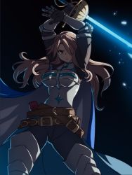 Rule 34 | 1girl, akairiot, arms up, belt, black background, breasts, brown hair, cape, cowboy shot, floating hair, glowing, granblue fantasy, hair over one eye, highres, holding, holding sword, holding weapon, katalina (granblue fantasy), large breasts, long hair, looking at viewer, solo, sword, weapon