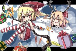 Rule 34 | &gt;:d, 2girls, :d, antlers, blonde hair, box, fang, flandre scarlet, gift, gift box, hair ribbon, hat, horns, multiple girls, musao, open mouth, red eyes, reindeer antlers, ribbon, rumia, sack, santa costume, santa hat, short hair, smile, striped clothes, striped legwear, striped thighhighs, sweat, tears, thighhighs, touhou, v-shaped eyebrows, wings