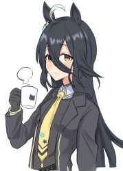 Rule 34 | 1girl, ahoge, animal ears, black gloves, black hair, black jacket, black vest, blush, breasts, closed mouth, coffee cup, collared shirt, commentary request, cup, disposable cup, earrings, formal, gloves, hair between eyes, highres, holding, holding cup, horse ears, horse girl, jacket, jewelry, kaito (kaito921125), long bangs, long hair, long sleeves, looking at viewer, manhattan cafe (umamusume), necktie, shirt, simple background, single earring, small breasts, smile, solo, suit, umamusume, upper body, vest, white background, white hair, white shirt, yellow eyes, yellow necktie