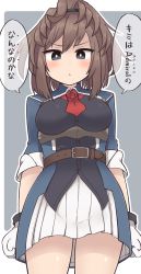 Rule 34 | 1girl, absurdres, ascot, belt, belt buckle, blue eyes, blush, breasts, brown belt, brown hair, buckle, cowboy shot, flower, gloves, hair between eyes, highres, kantai collection, long hair, medium breasts, messy hair, military, military uniform, parted lips, pleated skirt, ponytail, red ascot, red flower, red rose, rose, sheffield (kancolle), simoyuki, skirt, solo, speech bubble, translation request, uniform, white gloves, white skirt