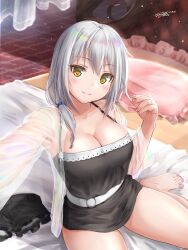 Rule 34 | 1girl, arm up, bare legs, bed, belt, black camisole, bottomless, breasts, camisole, cleavage, closed mouth, frilled pillow, frilled shorts, frills, from above, grey hair, hair between eyes, hair over shoulder, hand up, head tilt, highres, indoors, jacket, jewelry, large breasts, legs apart, looking at viewer, nail polish, on bed, open clothes, open jacket, original, outstretched arm, pillow, pink nails, pink toenails, ring, see-through, see-through jacket, shorts, signature, sitting, smile, solo, spaghetti strap, straight hair, toenail polish, toenails, unworn shorts, wariza, white belt, white hair, yellow eyes, yukinoshiro