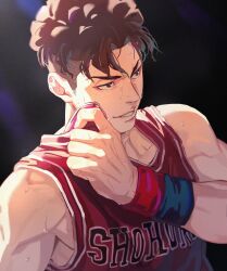 Rule 34 | 1boy, absurdres, basketball jersey, black background, black eyes, black hair, black wristband, bui (buupopopopopo), hand up, highres, male focus, miyagi ryouta, parted lips, red tank top, red wristband, short hair, slam dunk (series), smile, solo, sweat, tank top, undercut, upper body, v-shaped eyebrows