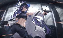 Rule 34 | 1girl, abs, absurdres, armband, armpits, assault rifle, bare shoulders, baseball cap, belt, black belt, black hair, black hat, black pants, black shirt, blue archive, blue eyes, blue hair, breasts, broken window, buckle, chest harness, coat, commentary, cowboy shot, crop top, dual wielding, finger on trigger, firing, foregrip, groin, gun, halo, handgun, harness, hat, highres, holding, holding gun, holding weapon, indoors, long hair, m1911, medium breasts, midriff, navel, no mask, off shoulder, pants, parted lips, rifle, saori (blue archive), scope, shirt, sibo, sig 516, sig sauer, sleeveless, sleeveless shirt, snap-fit buckle, solo, standing, underbust, weapon, white coat