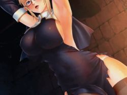 Rule 34 | animated, animated gif, arms up, artist request, assisted exposure, bdsm, blonde hair, blush, bondage, bound, breasts, emilia, game cg, glasses, injuu no ikenie ~toraware no emilia~, large breasts, nun, pointy ears, screaming, source request, thighhighs, torn clothes, torn legwear