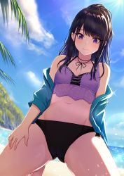 Rule 34 | 1girl, 3:, absurdres, bare shoulders, barefoot, beach, bikini, black bikini, black hair, black ribbon, blue jacket, blue sky, blush, breasts, cameltoe, cleavage, closed mouth, cloud, collarbone, day, frown, gluteal fold, highres, idolmaster, idolmaster shiny colors, jacket, kazano hiori, kneeling, long sleeves, looking away, looking down, mismatched bikini, miyar2d2, mole, mole under mouth, navel, neck ribbon, off shoulder, open clothes, open jacket, outdoors, pink bikini, ponytail, purple eyes, ribbon, sidelocks, sky, small breasts, solo, sparkle, sunlight, swimsuit, thighs