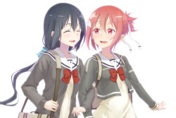 Rule 34 | 10s, 2girls, bag, black hair, breasts, closed eyes, hair ornament, hair ribbon, locked arms, long hair, looking at another, multiple girls, official style, okutagon, open mouth, pink hair, red eyes, ribbon, school bag, school uniform, simple background, small breasts, smile, tougou mimori, white background, white ribbon, yuri, yuuki yuuna, yuuki yuuna wa yuusha de aru, yuusha de aru