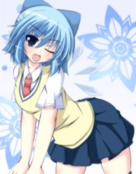 Rule 34 | 1girl, alternate costume, bent over, blue eyes, blue hair, bow, cirno, fang, flower, hair bow, ice, ice wings, looking at viewer, masiromu, matching hair/eyes, necktie, open mouth, pleated skirt, school uniform, shirt, short sleeves, skirt, smile, solo, thighhighs, touhou, vest, wings, wink, zettai ryouiki