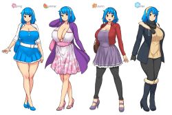 Rule 34 | 1girl, autumn, blue dress, blue hair, blue hairband, blue jacket, boots, breasts, brown eyes, cleavage, commentary, dress, english commentary, erkaz, fur trim, gloves, hairband, high heels, highres, huge breasts, jacket, medium hair, open mouth, original, pink skirt, red jacket, ribbed sweater, rina atherina, skirt, smile, spring (season), standing, summer, sweater, variations, white background, white gloves, white hairband, winter