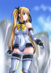 Rule 34 | 1girl, alternate color, bare shoulders, blonde hair, blue eyes, blurry, bow, breasts, dead or alive, dead or alive 5, depth of field, detached collar, detached sleeves, female focus, frills, gloves, hair ornament, hair ribbon, highres, leotard, long hair, looking away, marie rose, mountain, niitsu riu, outdoors, player 2, ribbon, school swimsuit, sideboob, sky, small breasts, solo, standing, swimsuit, thigh gap, thighhighs, twintails, white leotard, white thighhighs
