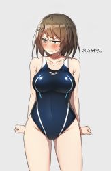 Rule 34 | &gt;:(, 10s, 1girl, angry, annoyed, bare shoulders, blue eyes, blush, breasts, brown hair, competition swimsuit, covered navel, curvy, female focus, hair ornament, highres, kantai collection, large breasts, maya (kancolle), one-piece swimsuit, short hair, solo, soukou makura, standing, swimsuit, translated, wide hips