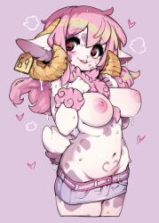 Rule 34 | 1girl, absurdres, animal ears, breasts, commentary, cum, ear tag, english commentary, furry, furry female, highres, horns, kaneko mimi, large breasts, nipples, nude, original, pink hair, pubic tattoo, puffy areolae, puffy nipples, purple eyes, purple hair, revision, sheep, sheep ears, sheep girl, sheep horns, sheep tail, shiny nipples, short shorts, shorts, slugbox, solo, sweat, sweatdrop, sweat, sweat, tail, tattoo