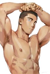 Rule 34 | 1boy, abs, armpit hair, armpits, bara, brown hair, gentle2nd, large pectorals, male focus, muscular, muscular male, nipples, nude, obliques, original, pectorals, short hair, sideburns, solo, thick eyebrows, upper body