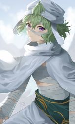 Rule 34 | 1girl, absurdres, bandaged arm, bandages, cloak, closed mouth, collei (genshin impact), commentary, genshin impact, green hair, highres, kinaco 4738, looking at viewer, purple eyes, short hair, signature, solo, white cloak, white headwear