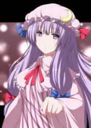 Rule 34 | 1girl, capelet, coat, crescent, dress, hair ribbon, hat, highres, long hair, looking at viewer, mob cap, nori tamago, open clothes, open coat, patchouli knowledge, purple dress, purple eyes, purple hair, ribbon, solo, striped clothes, striped dress, touhou, tress ribbon, very long hair