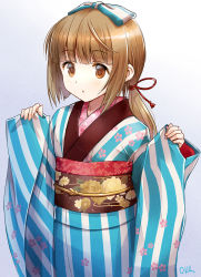 Rule 34 | 1girl, :o, bow, brown eyes, brown hair, commentary request, floral print, gradient background, grey background, hair bow, hair ribbon, hands up, highres, idolmaster, idolmaster cinderella girls, japanese clothes, kimono, long hair, long sleeves, looking at viewer, low ponytail, obi, okiru, parted lips, pinching sleeves, ponytail, red ribbon, ribbon, sash, sidelocks, signature, sleeves past wrists, solo, striped bow, striped clothes, striped kimono, vertical-striped clothes, vertical-striped kimono, white background, wide sleeves, yorita yoshino