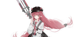 Rule 34 | 1girl, absurdres, arknights, braid, cabbie hat, demon girl, demon horns, enne kl, frown, hat, highres, holding, holding trident, holding weapon, horns, horns through headwear, long hair, looking at viewer, low-tied long hair, pointy ears, polearm, red hair, shirt, single braid, solo, trident, very long hair, vigna (arknights), weapon, white background, white shirt, wide sleeves