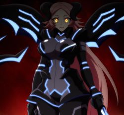 Rule 34 | 1girl, abyss healer, armor, bikini armor, black background, bodysuit, breasts, cardfight!! vanguard, corruption, female focus, gradient background, highres, horns, large breasts, long hair, pink hair, screencap, solo, standing, stitched, tagme, third-party edit