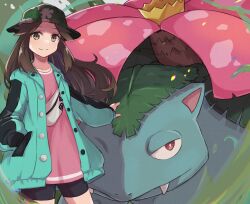 Rule 34 | 1girl, absurdres, bag, bike shorts, brown eyes, brown hair, camouflage, camouflage headwear, closed mouth, creatures (company), eyelashes, fang, floating hair, game freak, gen 1 pokemon, green jacket, hair flaps, half-closed eyes, hand in pocket, hand on another&#039;s head, highres, jacket, leaf (pokemon), leaf (sygna suit) (pokemon), long sleeves, nintendo, official alternate costume, open clothes, open jacket, pink shirt, piyo to game, pokemon, pokemon masters ex, red eyes, shirt, smile, venusaur